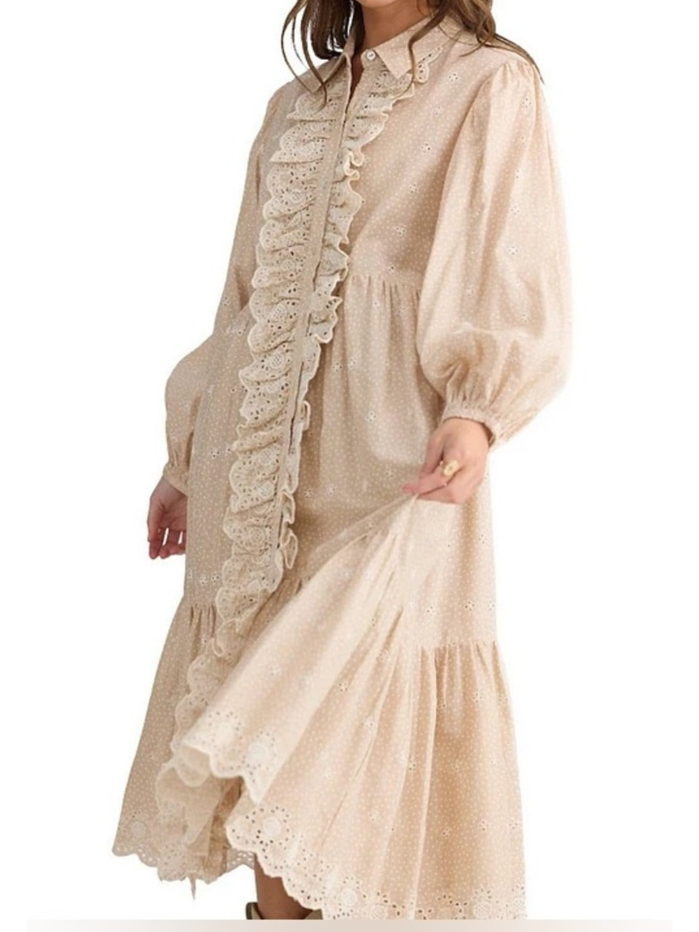 Talisman Garden Party Embroidered Eyelet Shirt Collar Long Slv Blouson Dress S